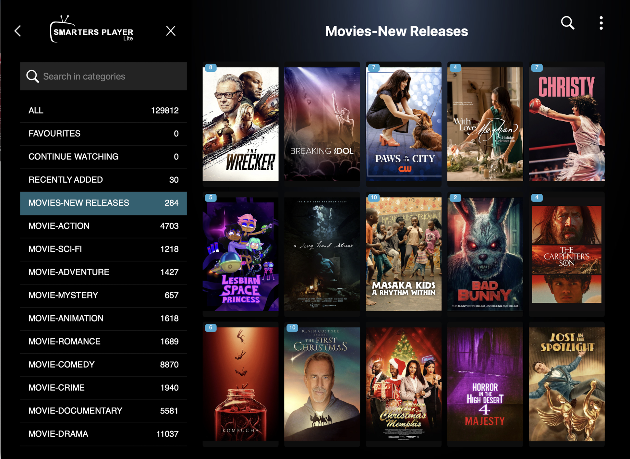 Kemo IPTV EPG showing thousands of channels organized by category